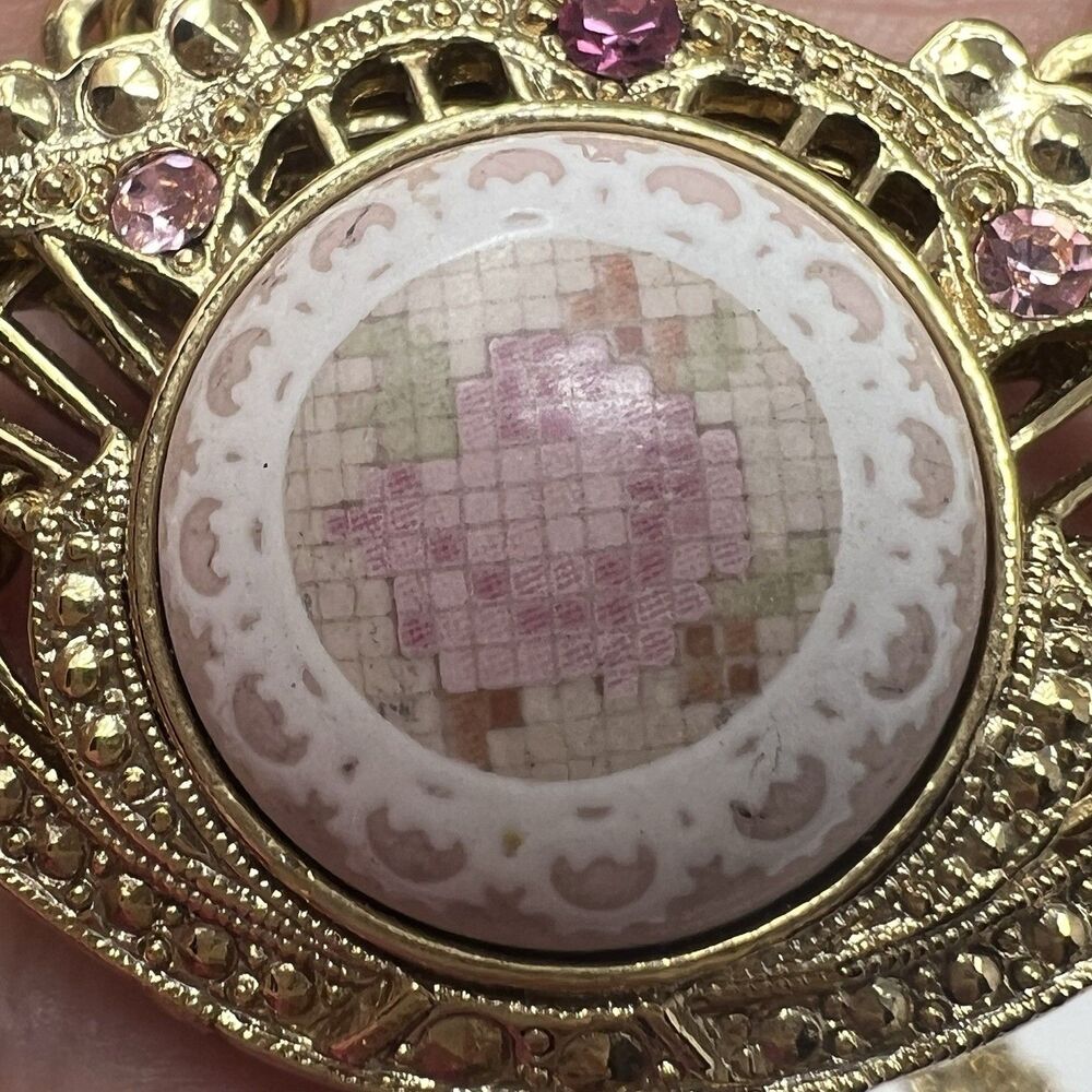 Vintage 1928 Necklace And Earrings Set Long Gold Rose cameo Locket Pierced Rare - Picture 11 of 15